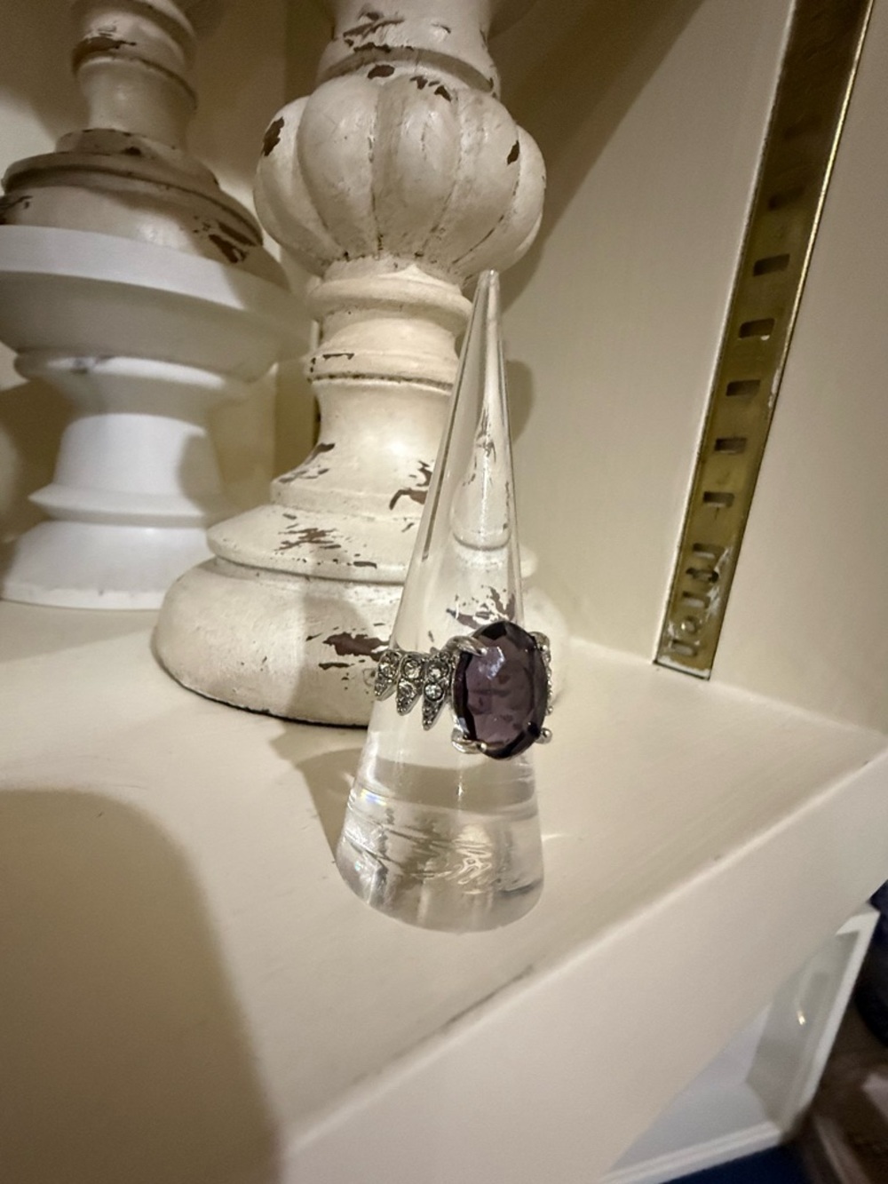Silver Tone and Faux Amethyst Cocktail Ring with Rhinestones